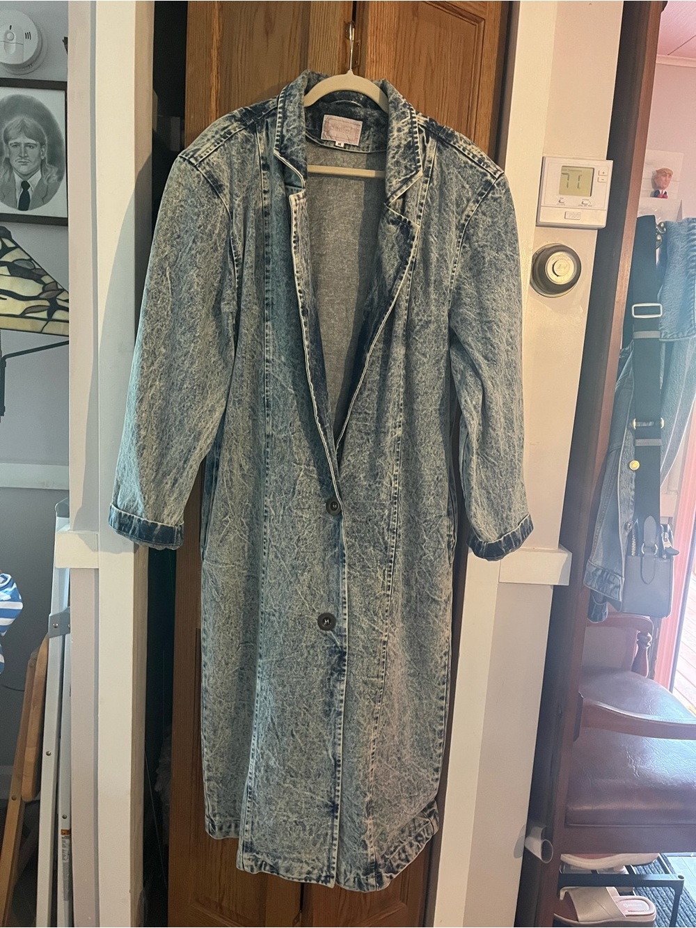 Vintage 80s 90s Womens Denim Trench Coat Long Acid Wash Denim Coat Blue Sz M